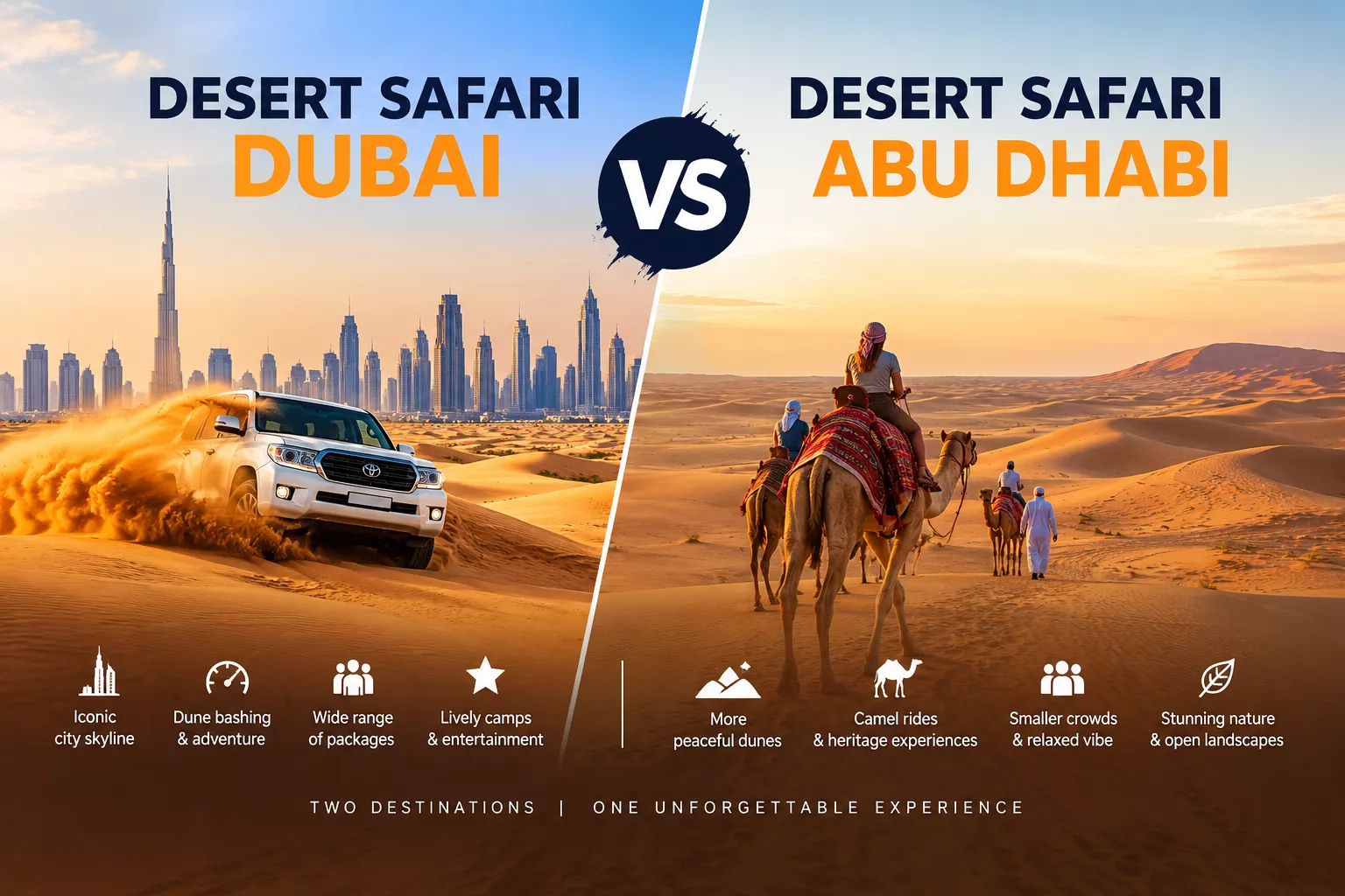Desert Safari Dubai vs Abu Dhabi comparison showing dune bashing, city skyline, camel rides, peaceful dunes, and desert experiences.