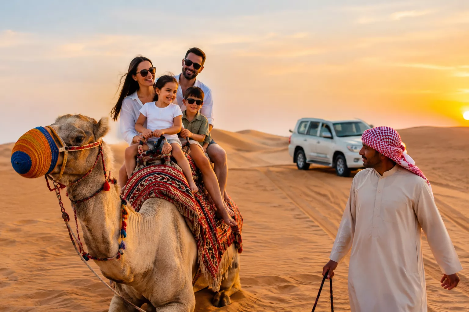 Desert safari Dubai with kids enjoying a family sunset in the Arabian desert