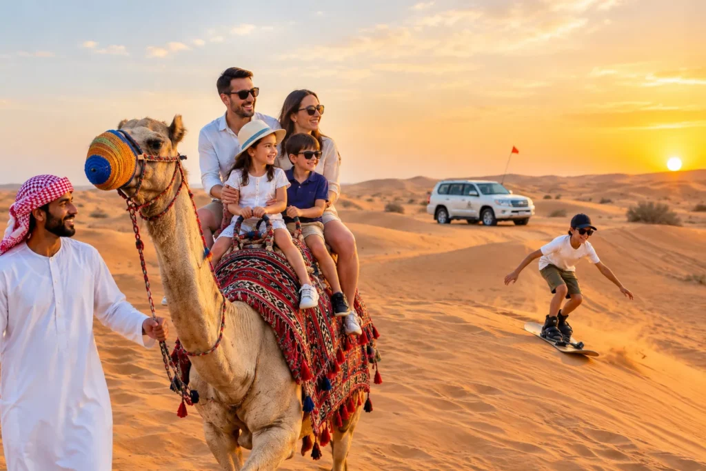 Family enjoying a camel ride and sandboarding during a Dubai desert safari