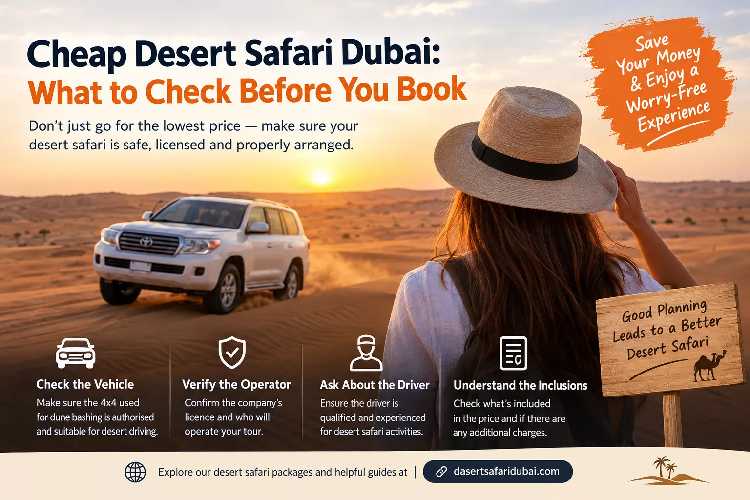 Cheap desert safari Dubai booking tips showing a 4x4 vehicle and checks for licensed operators, authorised desert vehicles, and driver qualifications.